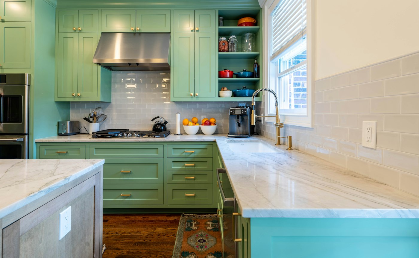 Restaurant kitchen with stone worktops