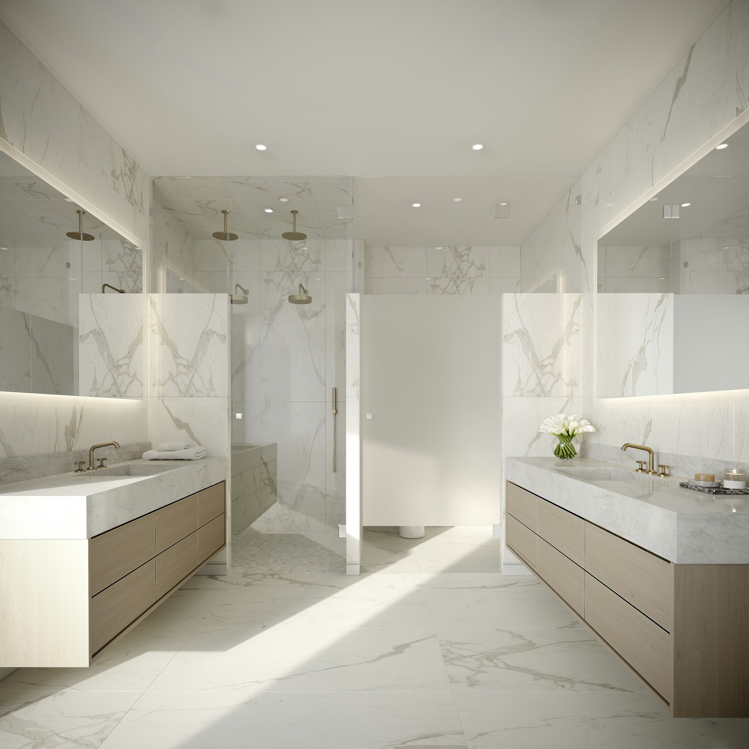 Large-format stone surfaces in a hospitality bathroom